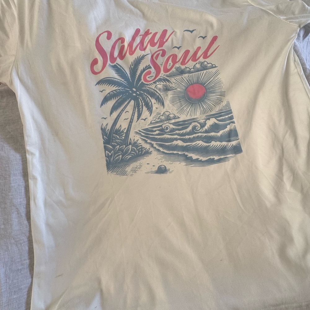 Salty Coast Graphic Tee - Cream with Pink & Blue Print NWOT